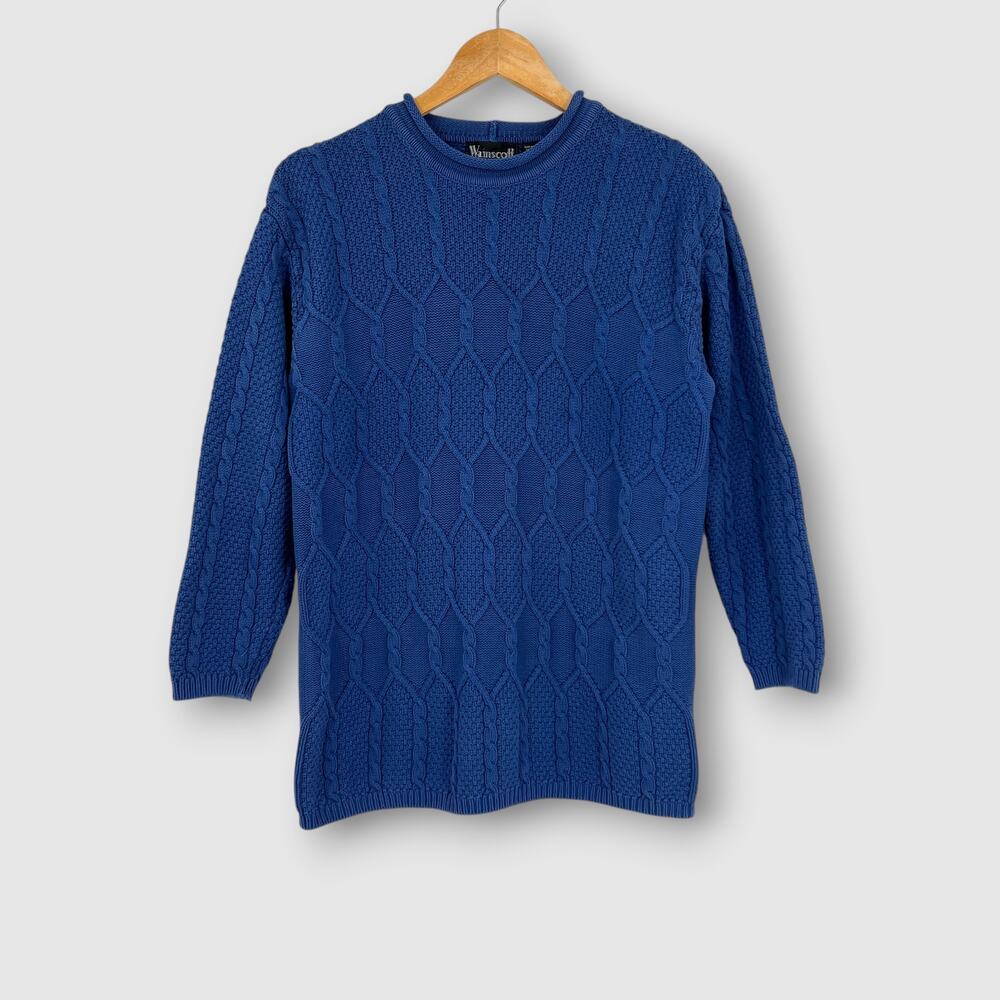 90s Vintage Wainscott Blue Cable Knit Sweater 100% Cotton Crewneck Size Medium